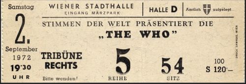 The Who and Golden Earring show ticket#5-54 September 02, 1972Wien - WienerStadthalle